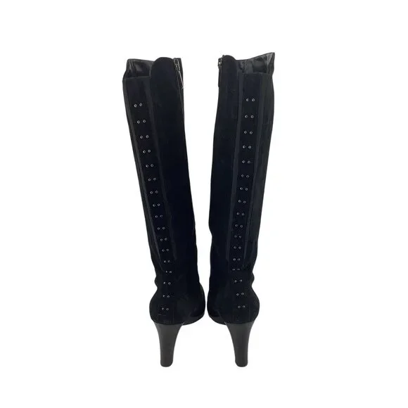 Aquatalia Black Suede Knee-High Boots 3-Inch Heels & Studded Back Detail Size 6 - Picture 3 of 7